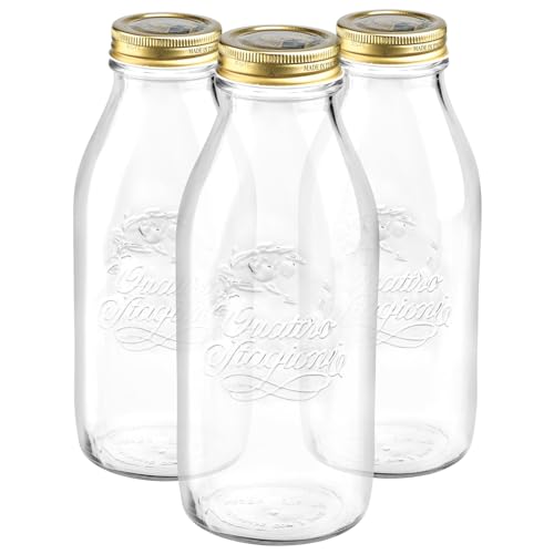 Bormioli Rocco Quattro Stagioni Glass Bottles with Screw Top Lid - Pack of 3-1L - Clear Reusable Juice Water Smoothie Drink Fridge Storage Containers