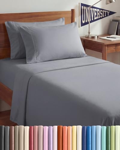 Image of Twin XL 4 Piece Sheet Set - College Dorm Room Essentials - Steel Blue | Ultra Soft Dorm Bedding Set, 8 inch to 16 inch Inch Deep Pockets, 1 Flat & 1 Fitted Sheet & 2 Pillowcases, Wrinkle & Fade Free