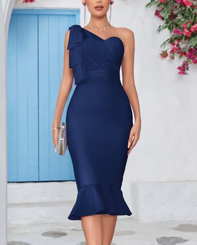 Image of houstil Women's One Shoulder Fishtail Wedding Guest Bandage Dress Mesh Midi Graduation Bodycon Party Club Dresses