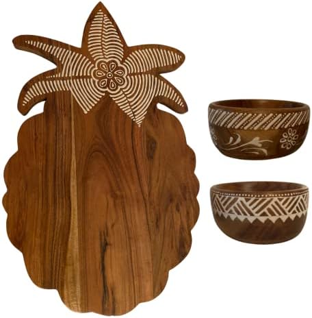 Large Charcuterie Meat and Cheese Board, Natural Acacia Wood, Pineapple Shaped Serving Platter Size L20xW12 Inches, 2 Decor Handcrafted Wooden Bowls. Gifts: Wedding, Housewarming and Birthdays
