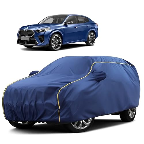 Image of Sulfar 100% Water Resistant Car Body Cover Compatible with Mirror for BMW X2 (Triple Stitched, Full Bottom Elastic, Blue Taffeta with Yellow Piping)
