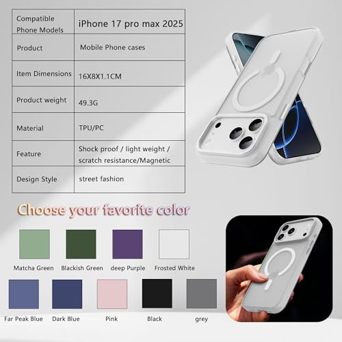 Image of Magnetic for iPhone 17 Pro Max Phone Case, [Compatible with MagSafe], Screen Protectors X1, [Military Grade Drop Protection],Matte Finish,Shockproof,Protective (Frosted White, 17 Pro max)