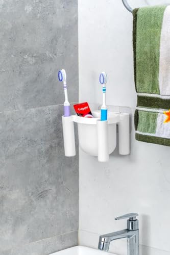 Image of RETAIL PARATPAR Wall Mounted Plastic Toothbrush Holder for Bathroom - Self-Adhesive Waterproof Toothbrush Stand & Storage Shelf - Multi-Use Bathroom Organizer for Toothbrush (Drainmax Holder 1 PCS)