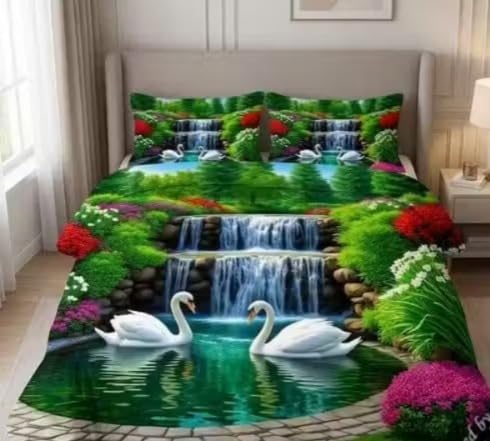 8D Printed Bed Sheet with Pillow Cover | Swan & Waterfall Print, Vibrant 8D Design, Includes Pillow Covers, Nature Scene Print, Multicolour-image-24