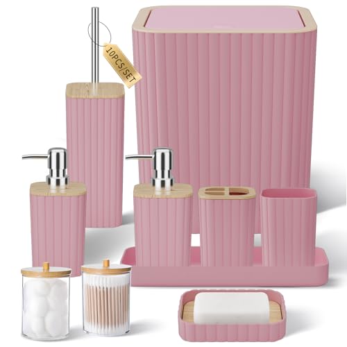Bathroom Accessories Set - Elegant Pink Bathroom Set, 10PC Bathroom Accessory Set, Toilet Brush, Bathroom Trash Can