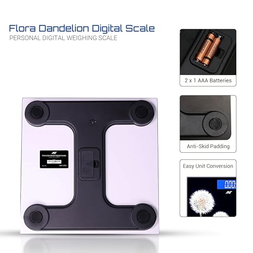 Image of ANT Flora Dandelion Digital Bathroom Weighing Scale, 180 kg Capacity, High Precision Sensors, Wide LCD Display, 5 mm Tempered Glass Body Weight Machine for Home & Gym with 30 Months Warranty (Black)