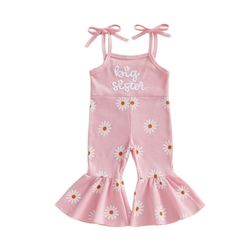 GINEVSAL Big Sister Outfits Letter Flower Embroidery Sleeveless Bell Bottoms Jumpsuit Romper Toddler Summer Clothes (Pink 12-18 Months)