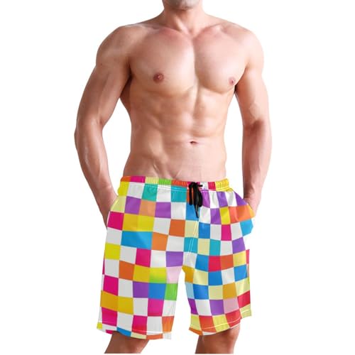 Rainbow Checkered Plaid Mens Shorts 2 Layer Stretch Beach Shorts Quick 8”/ 9” Long XL Plus Size Swimming4