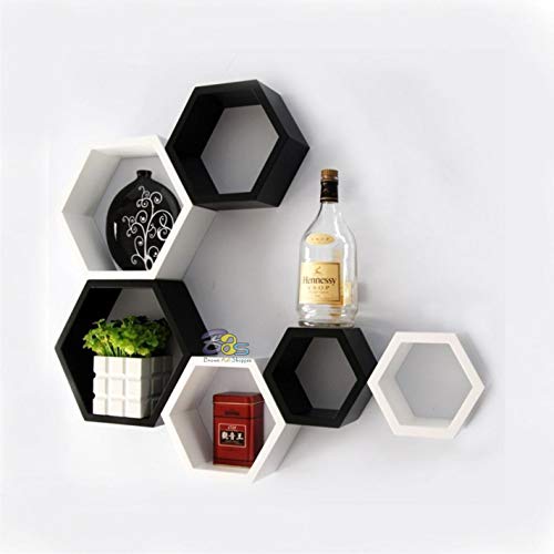 Image of BAS Engineered Wood Brown Art Shoppee Decorative Display With Hexagon Shape Set Of 6 Floating Wall Shelves And Racks For Living Room (Black & White)