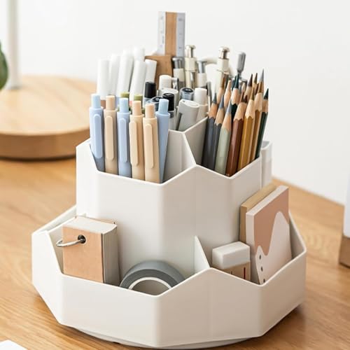Image of AccuPrints Sumiko Sumiko Pencil Pen Holder for Desk,9 Slots 360 Degree Rotating Desk Organizers,Desktop Storage Stationery Supplies Organizer, Cute Pencil Cup Pot For Office, School, Home (White)