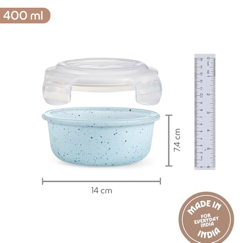 Image of Borosil 400 ml Blue Food Storage Container with Air Tight Lid | Round Shape Borosilicate Glass Organiser | Microwave & Dishwasher Safe | For Fridge, Kitchen Storage