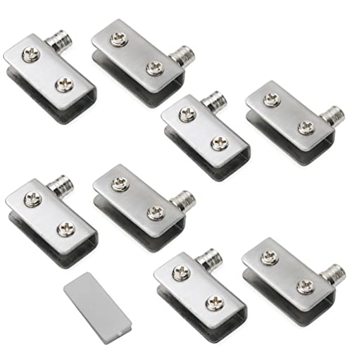 Paquete de 8 bisagras de puerta de vidrio pivotante de 90°, sin perforar, tope de puerta de vidrio, acero inoxidable 304 (Silver)