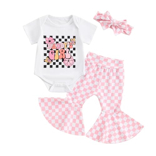 Image of mlpeerw Newborn Baby Girl Clothes Mamas Girl Romper Top Floral Bell-Bottoms Pants+Headband Infant Cute Summer Outfits