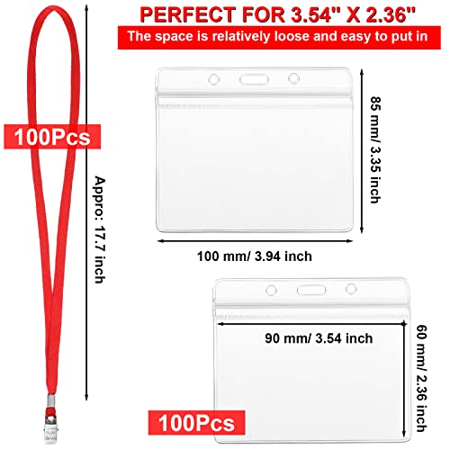 Image of Marspark 100 Sets Clear Name Tags with Lanyard, Lanyards for ID Badges Reusable Strap with ID Holder Plastic Name Badges for Adults Business School Church Conference (Red)