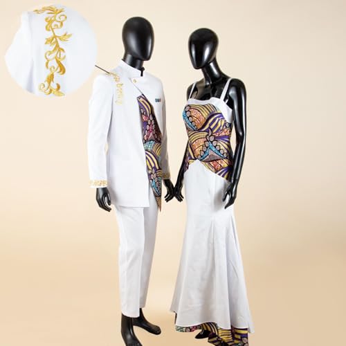 African Couple Outfits Matching Set for Wedding Women's Slim Tail Dress and Men's Embroidered Formal Suit(A,Men-XXX-Large)2