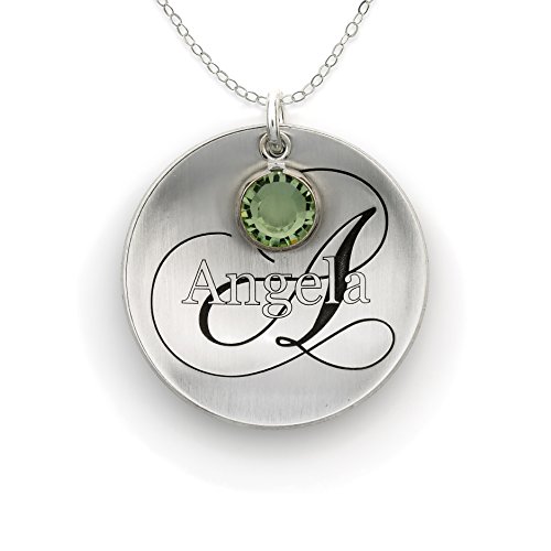 Domed Name Like No Other Personalized with Swarovski Birthstone Necklace. Sterling Silver Pendant Showcases a Name and Monogramm Initial. Includes a choice of 925 Chain. Unique, Trendy Gifts for Her