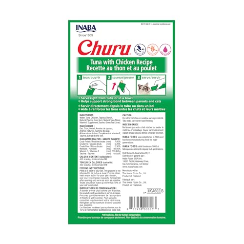 Image of INABA Churu Lickable Puree Natural Cat Treats (Tuna with Chicken Recipe, 4 Tubes)
