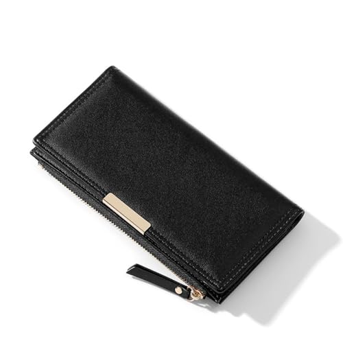 Leather Long Bifold Wallets Women's Wallet Double Fold with Zipper Multifunctional Leather Wallet, Large Capacity Card Holder, Hand-Held Wallet，Leather Bifold Wallets with Zipper Coin Pocket (Black)