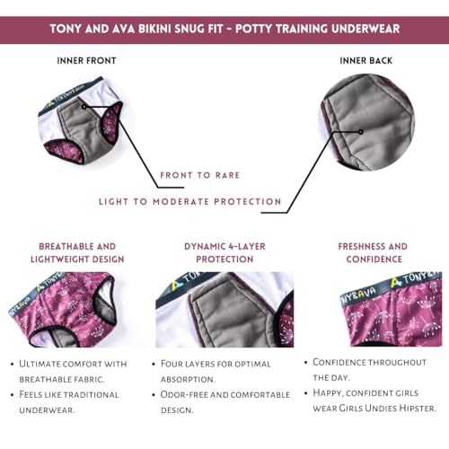 Tony & Ava Teen Incontinence Underwear for Girls – Bikini Brief Pull Ups, Reusable, Sensory-Friendly, 2-Pack Dandelion Print (Size Large, 140–155 lbs), Daytime Protection Purple3