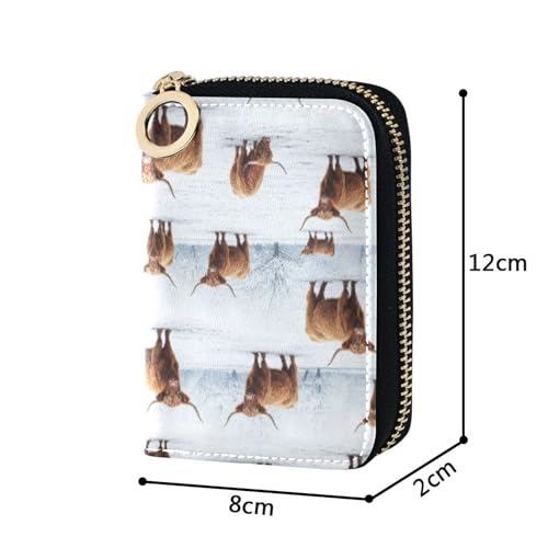 Small Wallet Women RFID Blocking Credit Card Wallets Leather Zipper Change Purse with Key Ring Winter Highland Cows Snow3