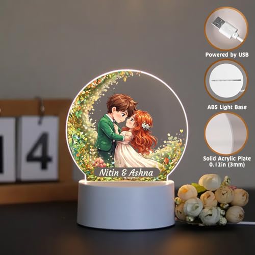 Image of SNAPTRAP Personalized Warm White LED Acrylic Night Lamp with Custom Names | Romantic Couple Gift for Anniversary, Wedding, Valentine's Day, Girlfriend, Boyfriend | 3D Illustration Table Lamp