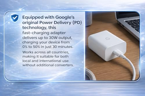 Image of Google 30W C-Type PPS Rapidly Power Charging Adaptor Compatible with Google 10a /9 /Pro /XL /Fold /9a /8 /8 Pro /8a /7 /7Pro /S26 /S25Fe /3a Lite /15 /15R /Tab /Slate - Support Other USB-C 30 W Quick Charging, White