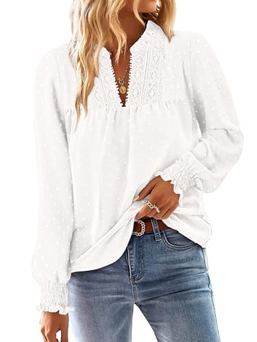 BETTE BOUTIK Women Boho Long Sleeve Shirts Dressy Casual V Neck Fall Fashion Tops Swiss Dot Flowy Blouses