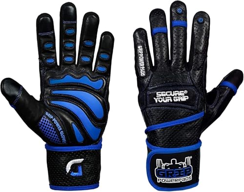Elite Leather Gym Gloves with Built in 2" Wide Wrist Wraps Grip & Design for Weightlifting Power Lifting Bodybuilding & Strength Training Workout Exercises (Full Finger Blue, XXX-Large)