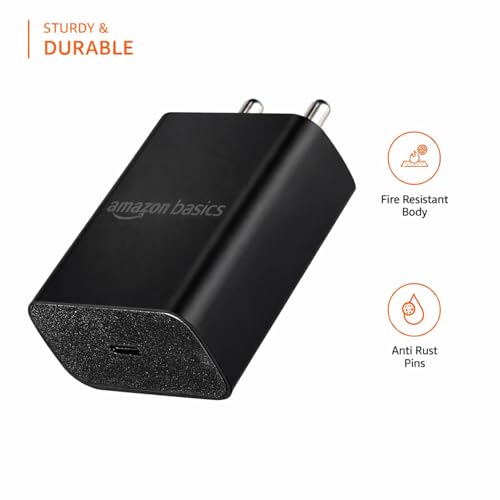 Image of Amazon Basics 25W Compact Wall Charger | Type-C Fast Charging Adapter for Samsung, Xiaomi Phones and iPhone (Black, Without Cable)