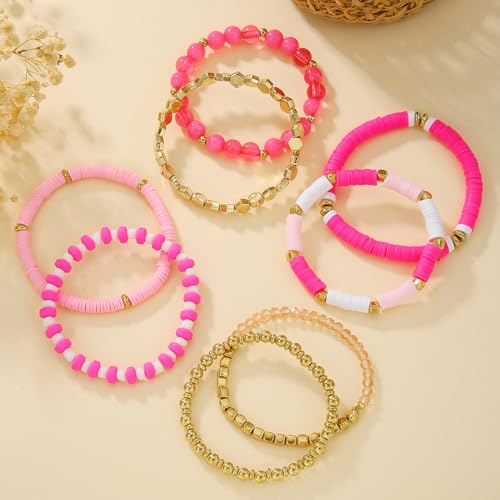 8Pcs Heishi Beaded Stretch Bracelets Bohemian Stackable Bracelet Heart Clay Gold Beaded Bracelet for Women Multi-Layer Friendship Summer Beach Jewelry3