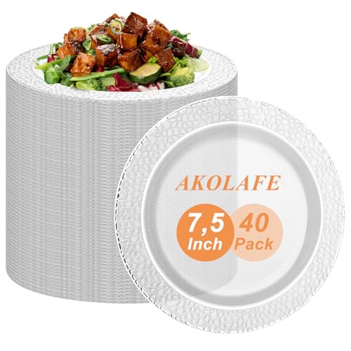 AKOLAFE 40 platos de plástico blancos con borde plateado, 26 cm, platos de plástico reutilizables, platos de plástico estables, reutilizables, para bodas, fiestas, cumpleaños, Navidad