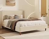 Merax Velvet King Size Bed Frame with Wingback Headboard, Solid Wood Upholstered Platform with Round Legs, No Box Spring Needed, Cream