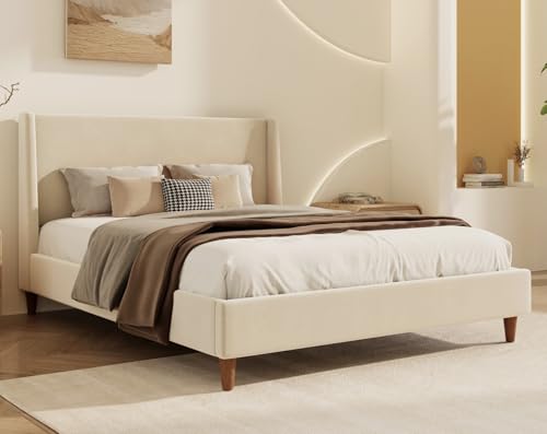 Image of Merax Velvet Queen Size Bed Frame with Wingback Headboard, Solid Wood Upholstered Platform with Round Legs, No Box Spring Needed, Beige