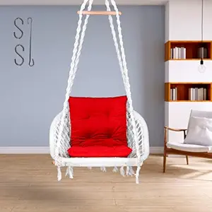 Curio Centre Swing for Adults/Swing for Balcony/Swing Chair for Adults for Home/Premium D Shape Cotton Wooden Swing/Swing for Outdoor with Sturdy PVC Frame/Includes Hanging Kit & Red L Cushion