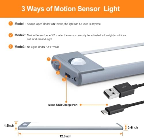 Led Under Cabinet Lighting Motion Sensor Wireless Rechargeable Cabinet Lights, Ultra Thin 30Led Battery Operated Closet Light for Kitchen, Closet (Pure White, 2Pack)