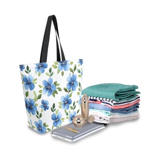 Extra Large Shoulder Tote Bag for Beach Travel Weekender Gym Blue Flower Plants Green Pattern Reusable Grocery Canvas Shopping Bag3