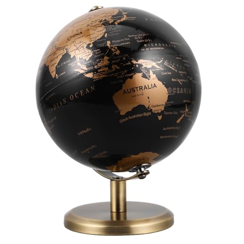 SHINEOFI Globo Terráqueo Giratorio de 14 CM Soporte de Cobre Antiguo Negro y Dorado Adorno Decorativo Vintage para Escritorio y Oficina Bola del Mundo Educativa y Decorativa