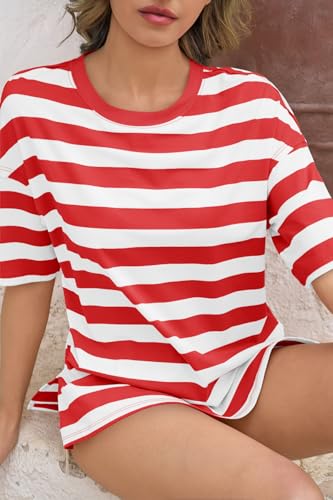 Image of Tankaneo Womens Oversized Tshirts Summer Casual Short Sleeve Crew Neck T Shirt Loose Fit Side Slit Tee Tops