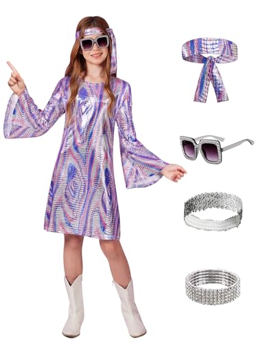 BesserBay Girl Halloween 70s Disco Sequins Bell Sleeve 5 Pcs Dress with Headband Party Outfit Silver 10 Years