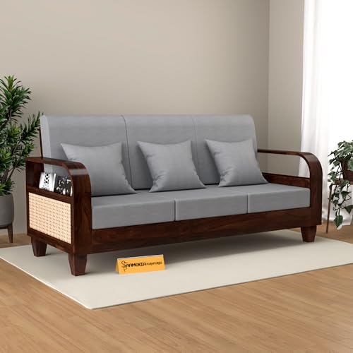 Image of Sheesham Wooden 3 Seater Sofa for Living Room | Solid Wood Sofa with Rattan Cane Side Rack | Rosewood Sofa Set for Home & Office | Lounge (Walnut, 3 Seater)