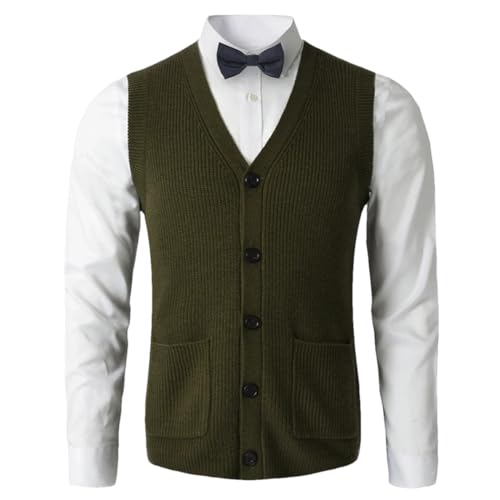 Men V-Neck Sleeveless Sweater Vest Knitted Button Cardigan Waistcoat Solid Thick Knitted Vest
