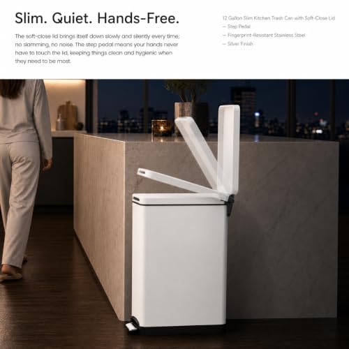 Caneca de basura slim 12 gal, acero inoxidable blanco mate miniatura 6