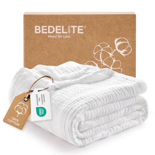 BEDELITE 100% Cotton Muslin Blankets for Adults - 4-Layer Large Throw Breathable and Lightweight Gauze Blanket for Couch Bed Travel and Summer Soft & Cozy Gift for Women White 50x70