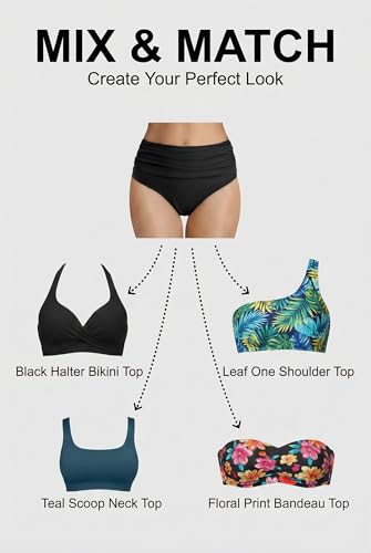 Image of Tempt Me Women's High Waisted Bikini Bottom Tummy Control Ruched Bathing Suit Swim Bottom