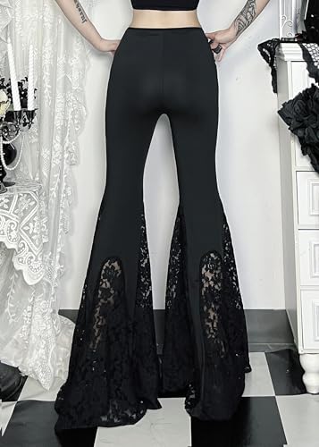 TSMNZMU Womens Gothic Pants Punk Midi Waist Grunge Trousers Flare Leg Y2K Emo Pants Lace Patchwork Pants with Chain3