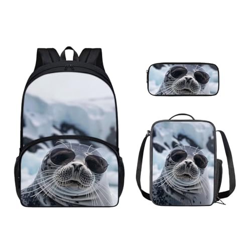 Agoviwo Cool Seal Graphic Backpack for School Girls Y2k Backpack Bookbag with Insulated Lunch Bag and Aesthetic Pencil Case