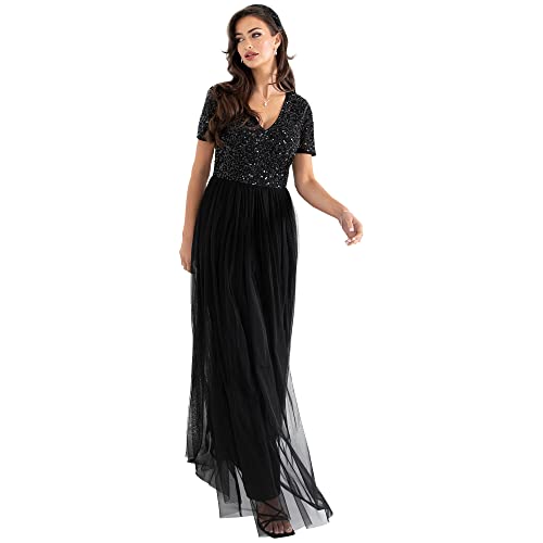 Maya Deluxe Abendkleid mit Pailletten Cocktailkleid Damen mit V-Ausschnitt Tüllkleid Schwarz Größe 48