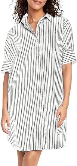 utcoco Women Striped Short Sleeve Shirt Dress Casual Loose Fit Button Down Mini Dress with Pockets