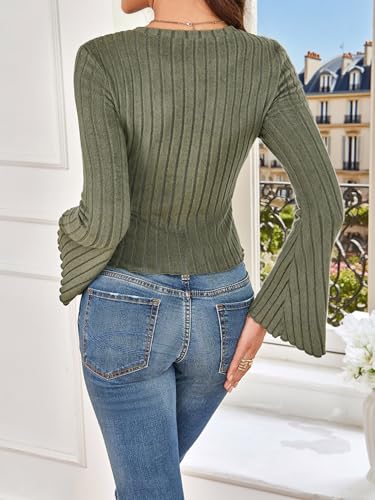 SweatyRocks Women's Bell Sleeve Crop Tops Dressy Casual Crewneck Lettuce Trim Ribbed Fitted Shirts2