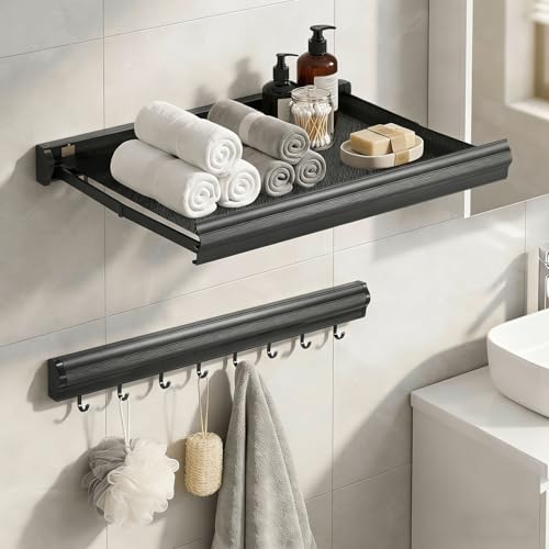 Todeco Wandtrockner Klappbar Unsichtbar mit Netzablage & 8 Haken, Duschablage Ohne Bohren, Badezimmer Regal Organizer, Ausziehbarer Wandwäscheständer, Hakenleiste für Balkon Wäscheraum Badezimmer